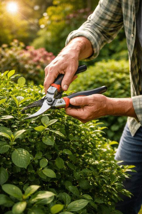 Person pruning shrubs with hand pruners